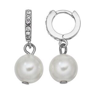 VERA WANG Mod/Contemporary Silver Clear Crystal White Pearl Drop Hoop Earrings